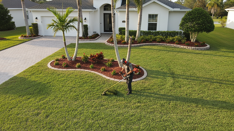 High angle view of a professional lawn care technician trimming grass near a flower bed