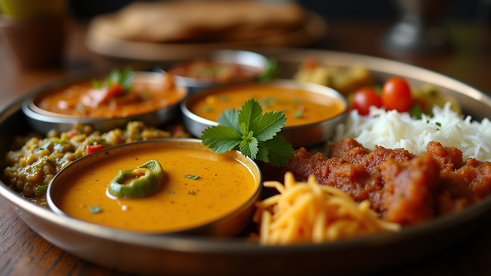 Close-up view of a colourful Indian thali platter with various curries and sides