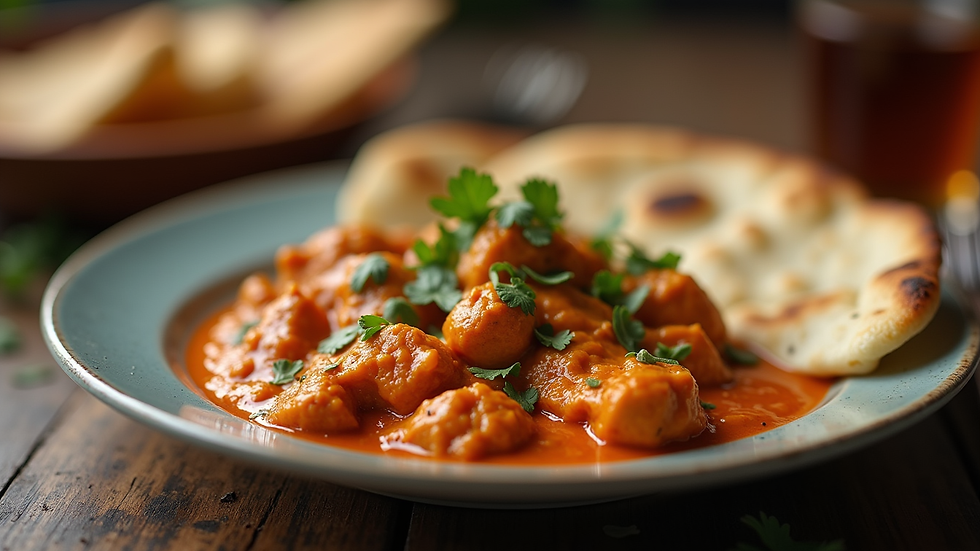 Close-up view of a plate with butter chicken and naan bread