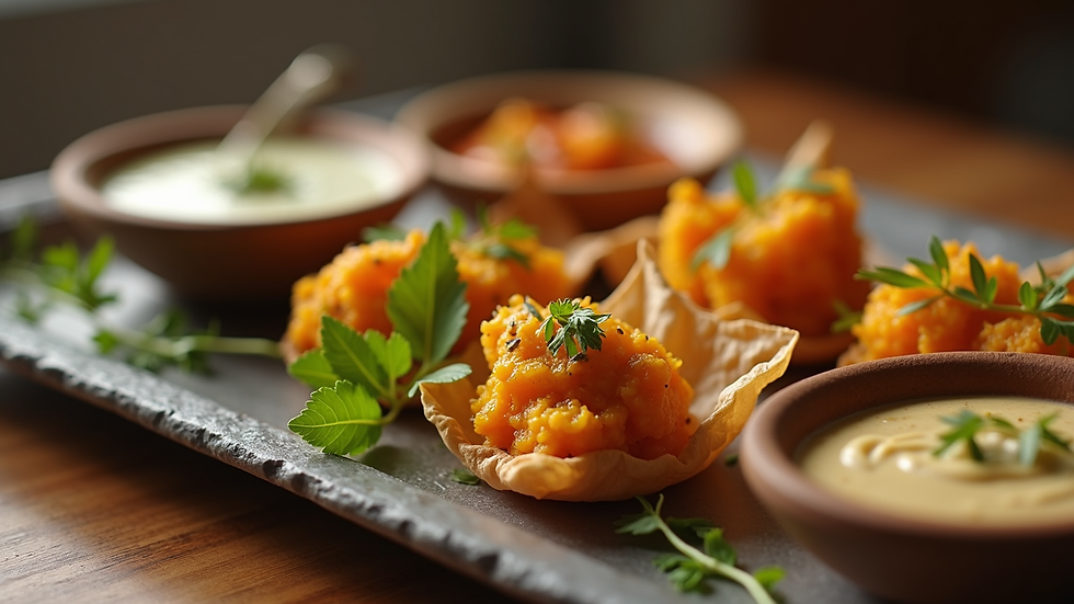 Close-up view of a catering platter with Indian appetizers and dips