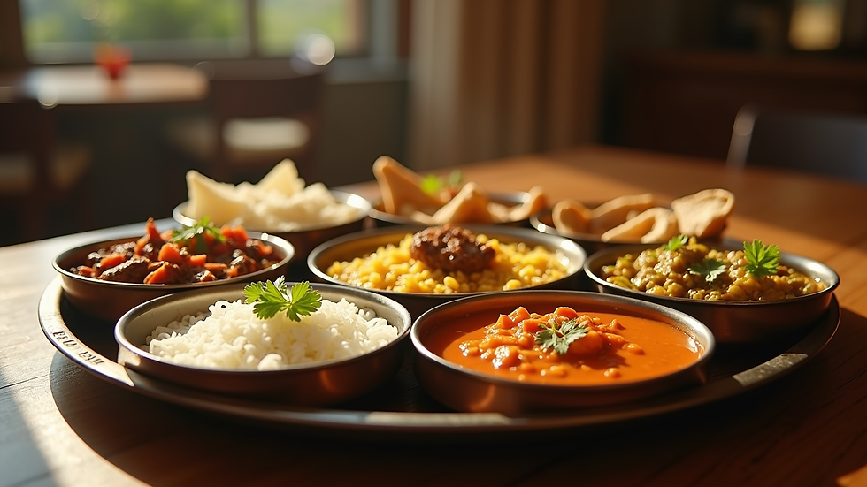 Eye-level view of a thali platter with various Indian dishes