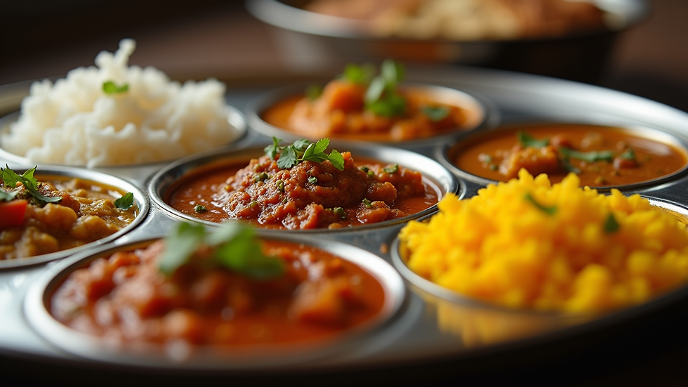 Eye-level view of a colourful Indian thali with various curries and rice