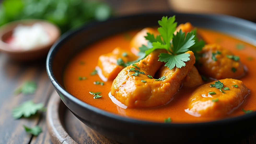 Eye-level view of a bowl of classic chicken curry garnished with coriander