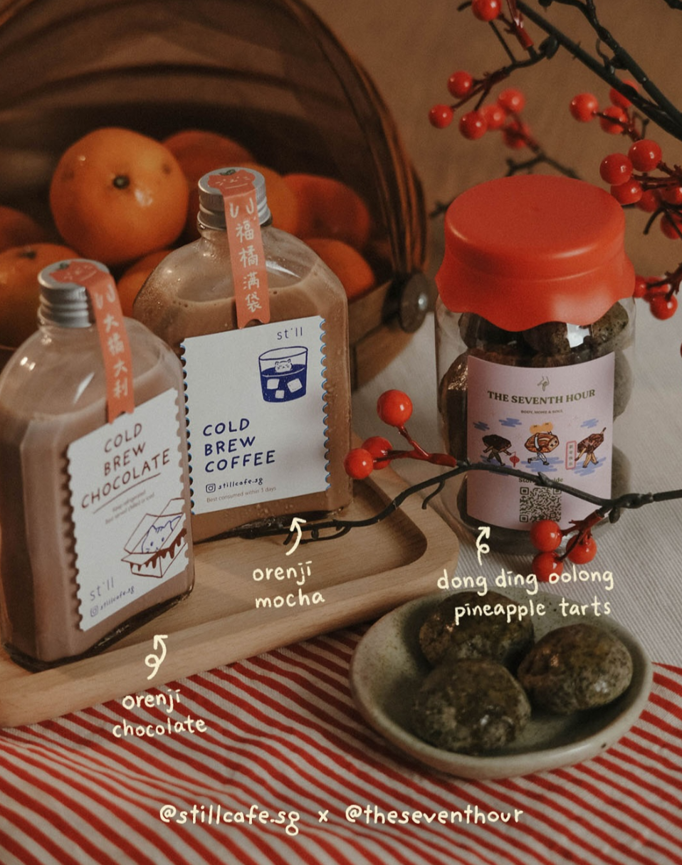 Still Cafe's seasonal cold brews, orenji chocolate and orenji mocha with The Seventh Hour's Dong Ding Oolong Pineapple Tarts