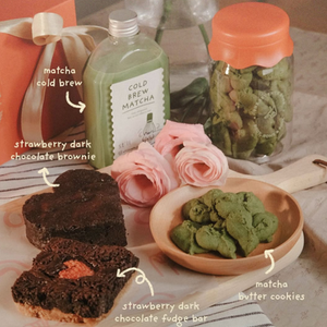 Bottle of Still Cafe's Matcha Cold Brew and The Seventh Hour's The Seventh Hour's Strawberry Chocolate Brownies