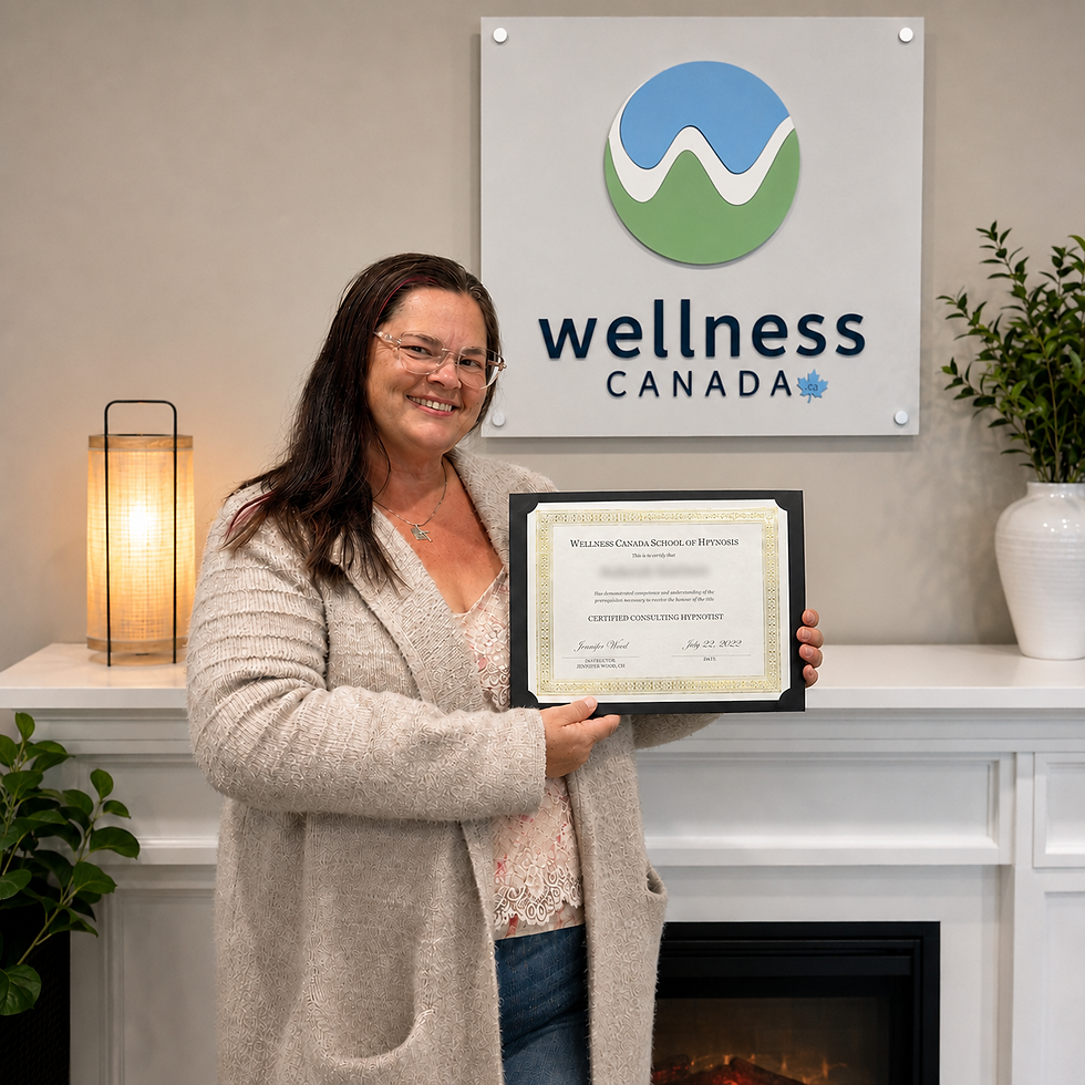 Smiling woman holds a Wellness Canada School of Hypnosis certificate in an office, beside a Wellness Canada sign and lamp.
