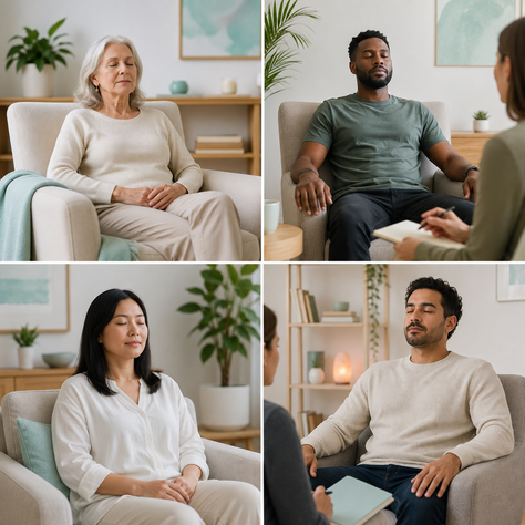 Diverse adults experiencing different comfortable states of focused attention and relaxation