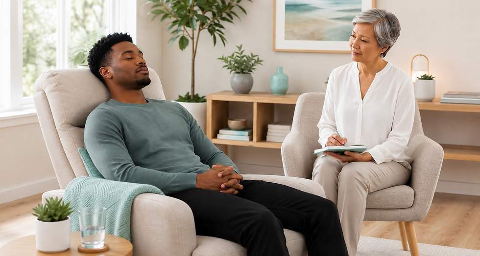 Man reclines with eyes closed in a therapy chair while a counselor takes notes in a bright, calm office.