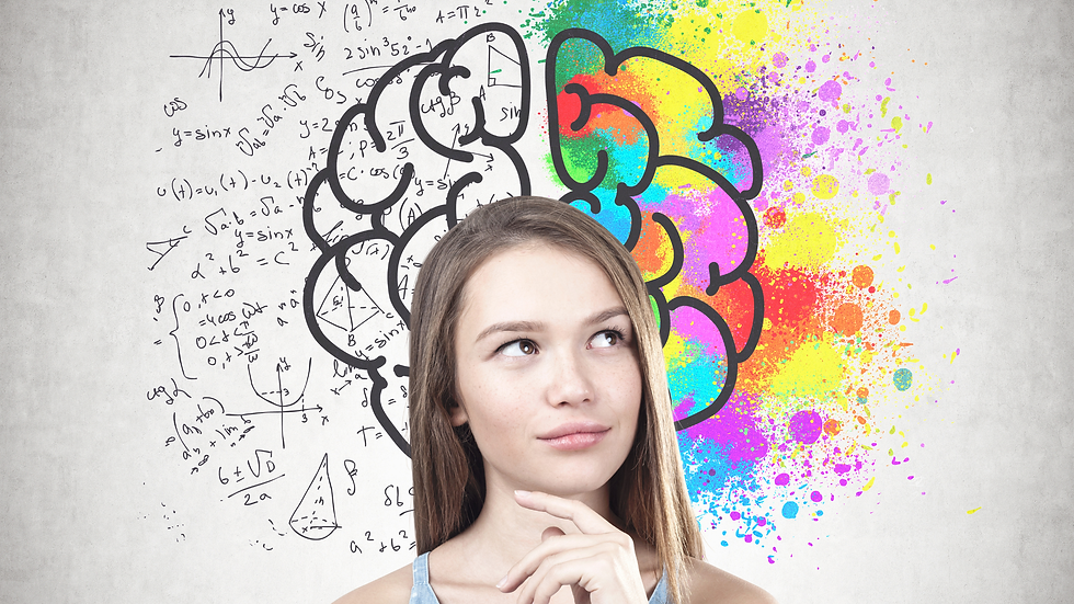 Young woman ponders, hand on chin. Background shows a brain half with equations, half colorful splashes. Reflects creativity and logic.