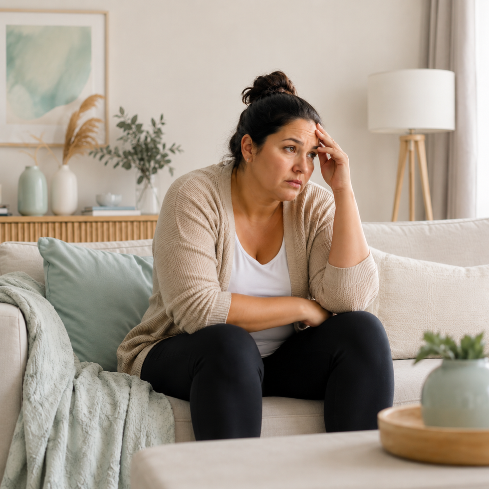 Woman experiencing stress and worry before receiving hypnosis support for stress management