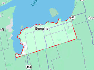 Map of Georgina outlined in red dots along Lake Simcoe, with nearby labels Barrie, Innisfil, Cannington, and East Gwillimbury.