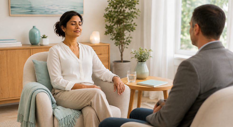 Woman meditating with eyes closed in a calm consultation room, facing a man in a gray suit; plants, lamp, and blue book nearby.