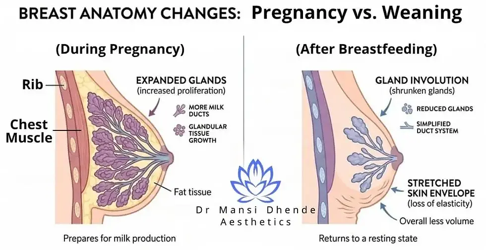 Illustration showing changes in a woman's breast during pregnancy and weaning