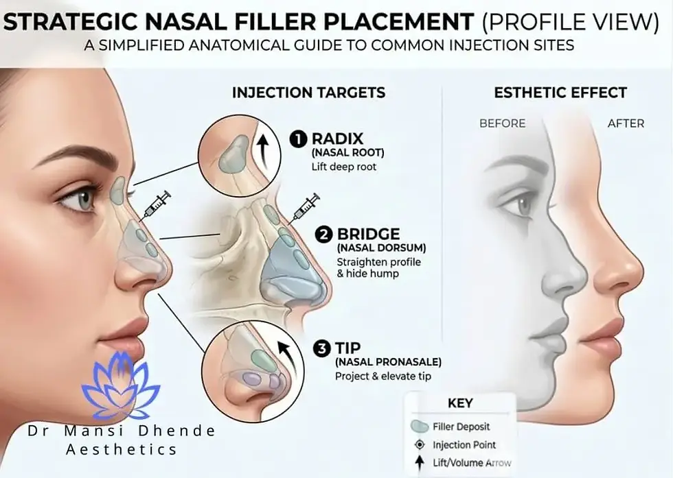 Sites for injection of nose filler in Delhi by Dr. Mansi Dhende on a nose