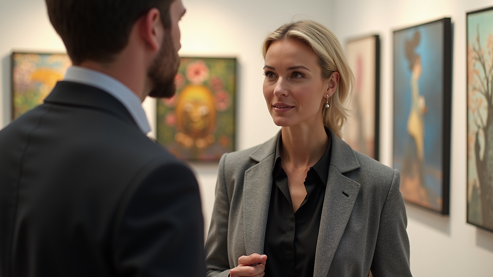 Close-up view of a corporate art advisor discussing artwork with a gallery representative