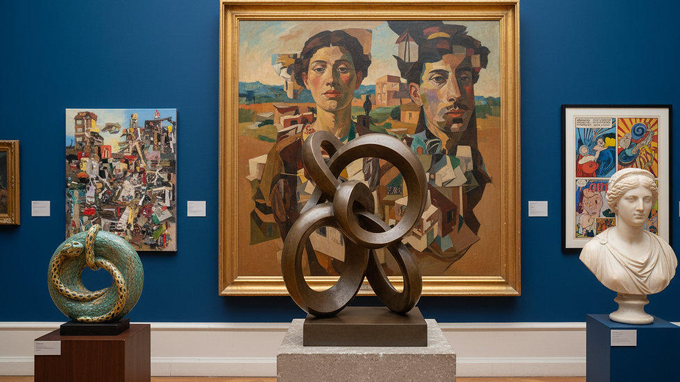 Close-up view of a diverse art collection with paintings and sculptures