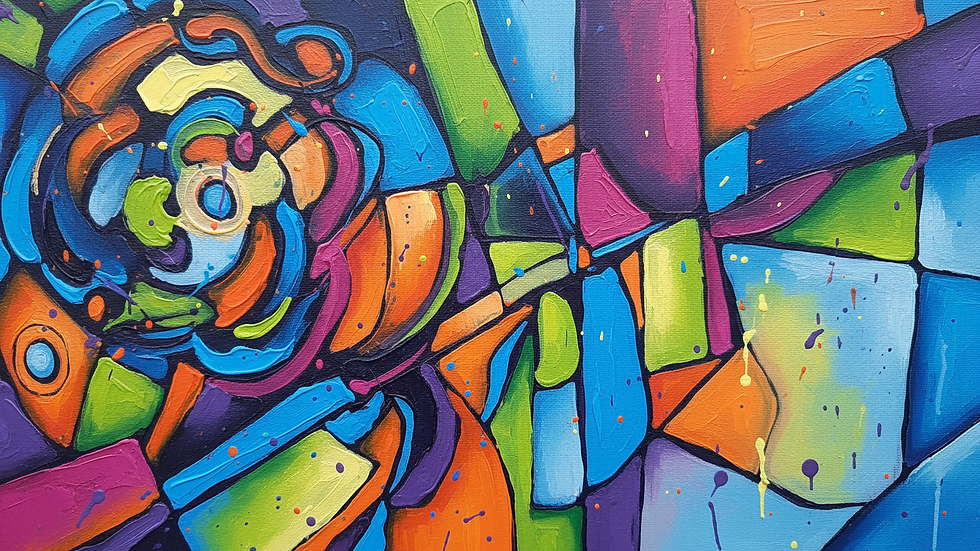 Close-up view of a contemporary abstract painting with vibrant colors