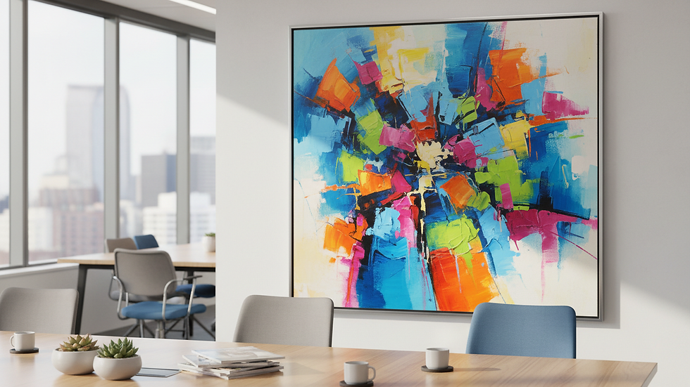 Close-up view of colorful contemporary painting in corporate break room