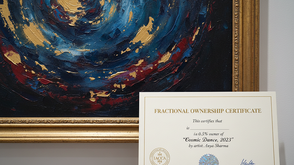 Close-up view of a high-value painting with a fractional ownership certificate