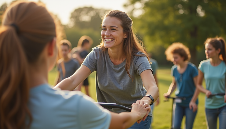 Close-up of a woman gently guiding another during a group activity in a park
