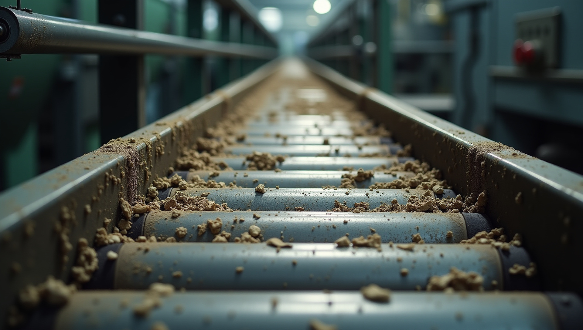 Dirty conveyor belt requiring maintenance