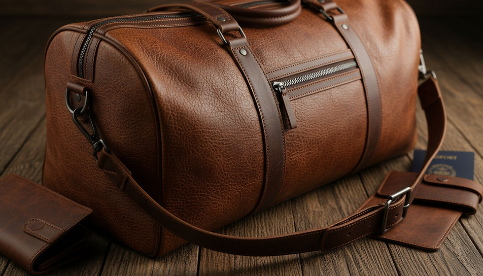 Close-up view of a top grain leather duffle bag on a wooden surface