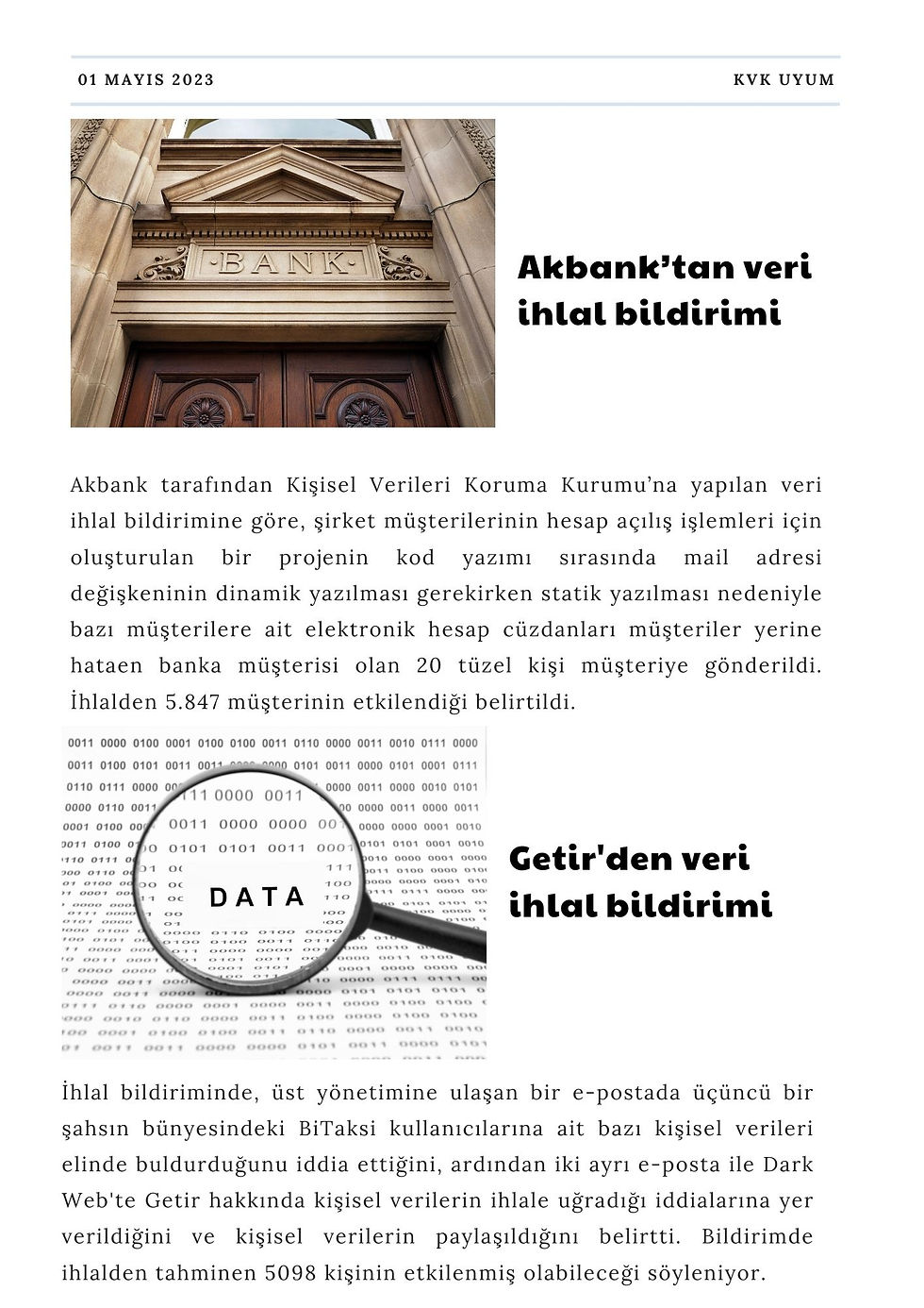 Veri Koruma Bülteni - veri ihlal bildirimleri