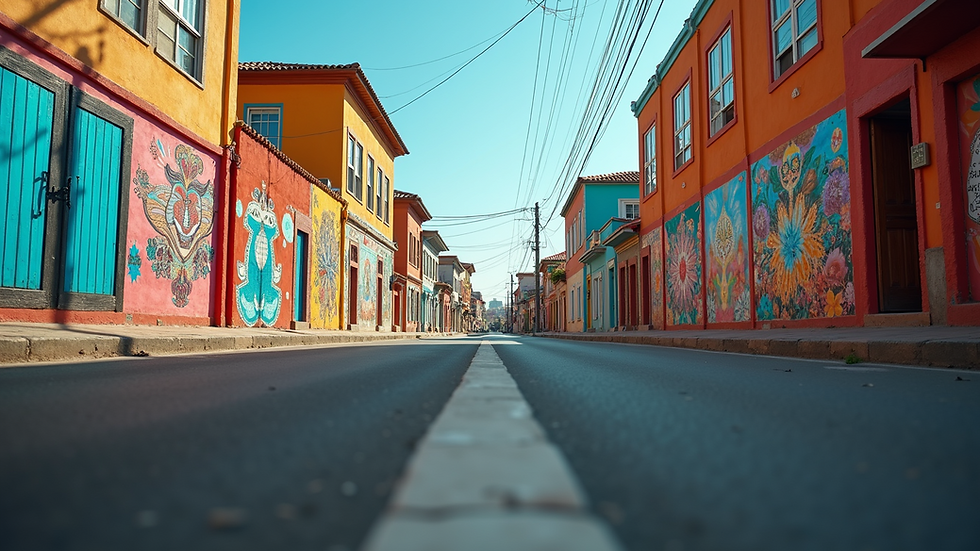 Eye-level view of a vibrant urban street with colorful murals