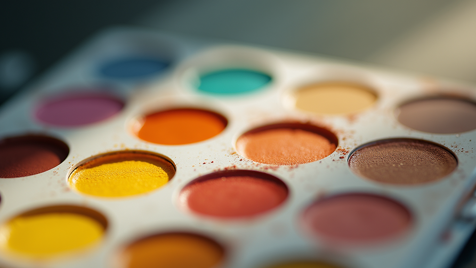 Close-up view of a color palette with various shades
