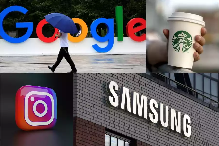 A man walks with an umbrella over google signage, A man holding starbucks cup in hand, Instagram 3D Logo, Samsung signage on a store wall