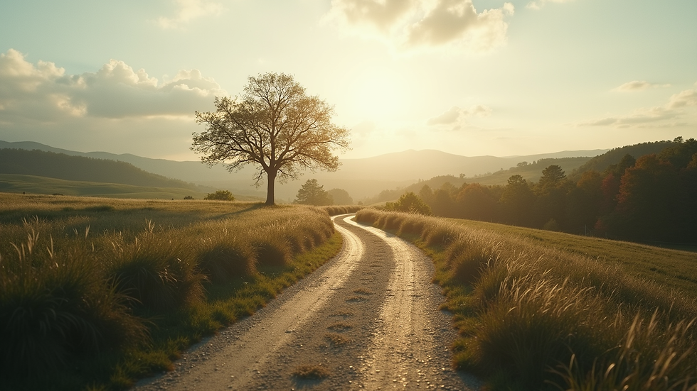 Eye-level view of a serene landscape with a winding path