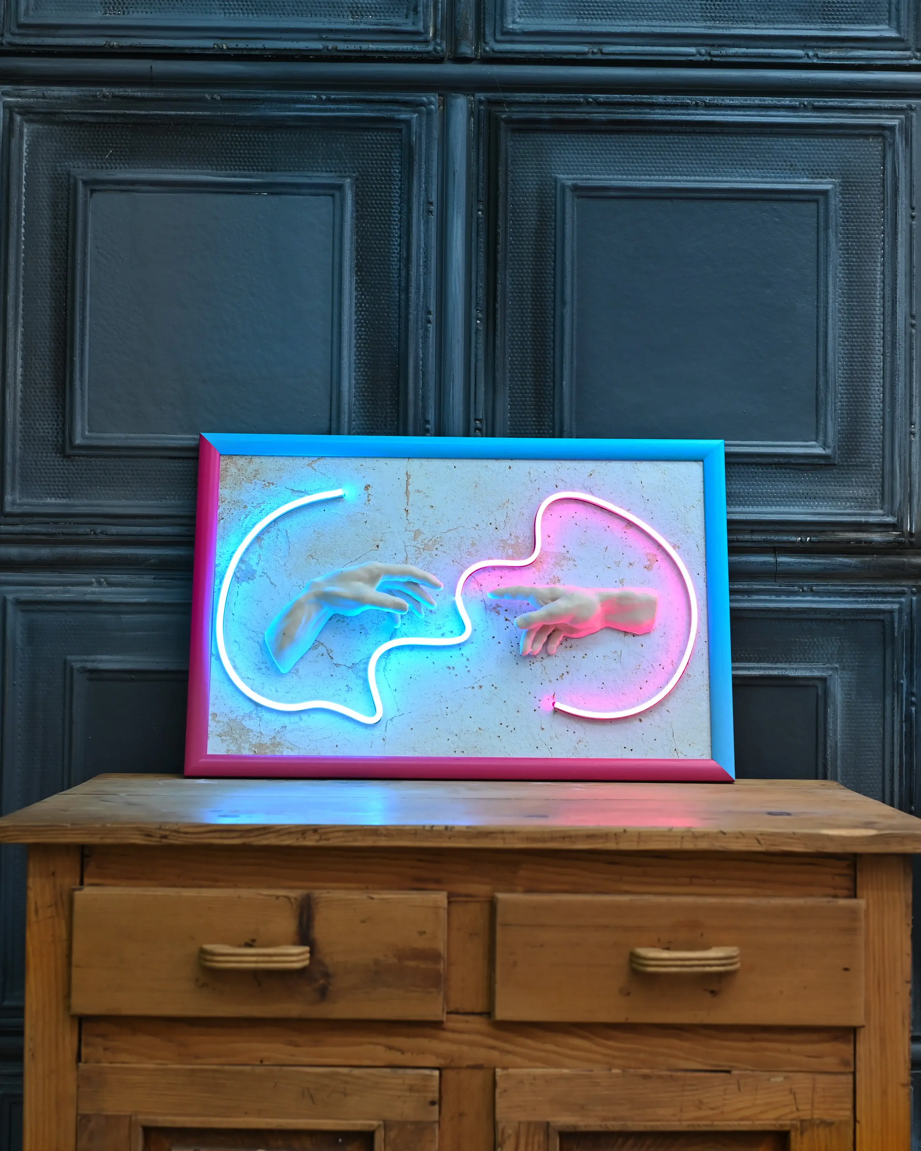 Adem'in Yaratılışı 3D Heykel Neon Işıklı Tablo 57x35 cm