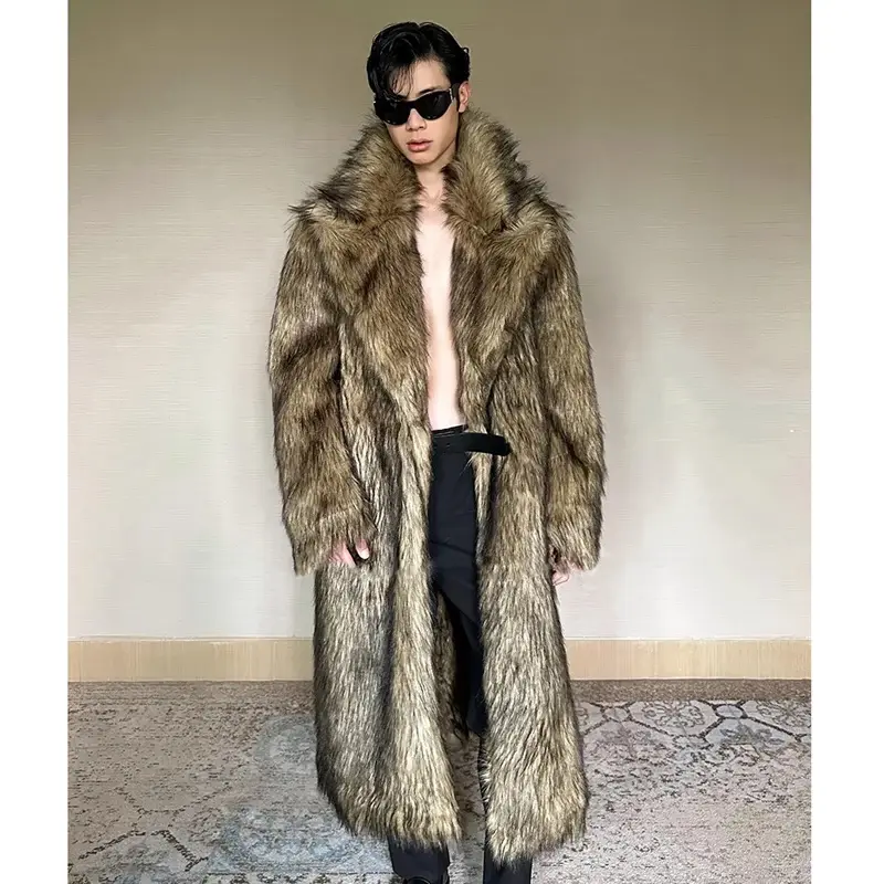 Thumbnail: Men's Fur Coat, Wolf Fur, Fox Fur, Lapel Long Overcoat, Winter Windproof and