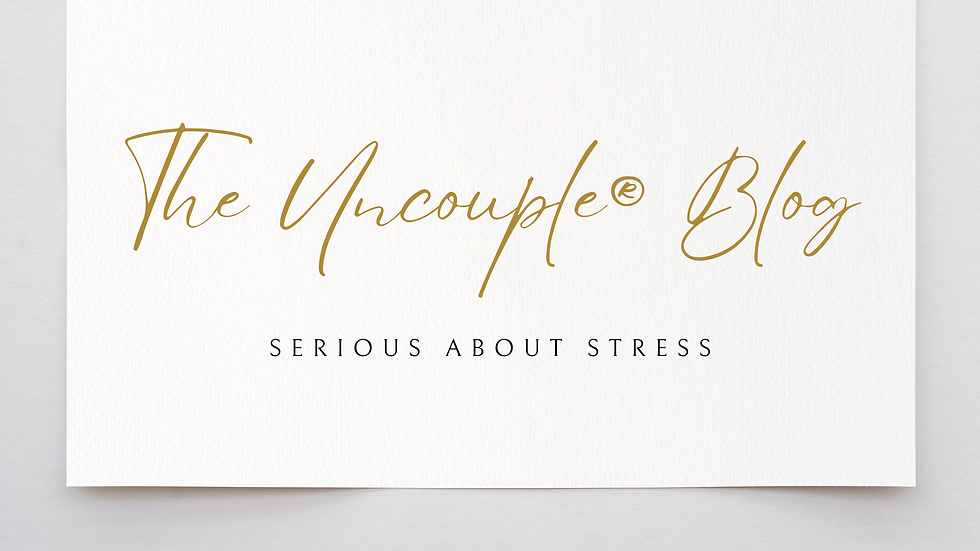 Elegant white card with "The Uncouple® Blog" in gold script and "Serious About Stress" in dark purple font below. Sophisticated and modern.