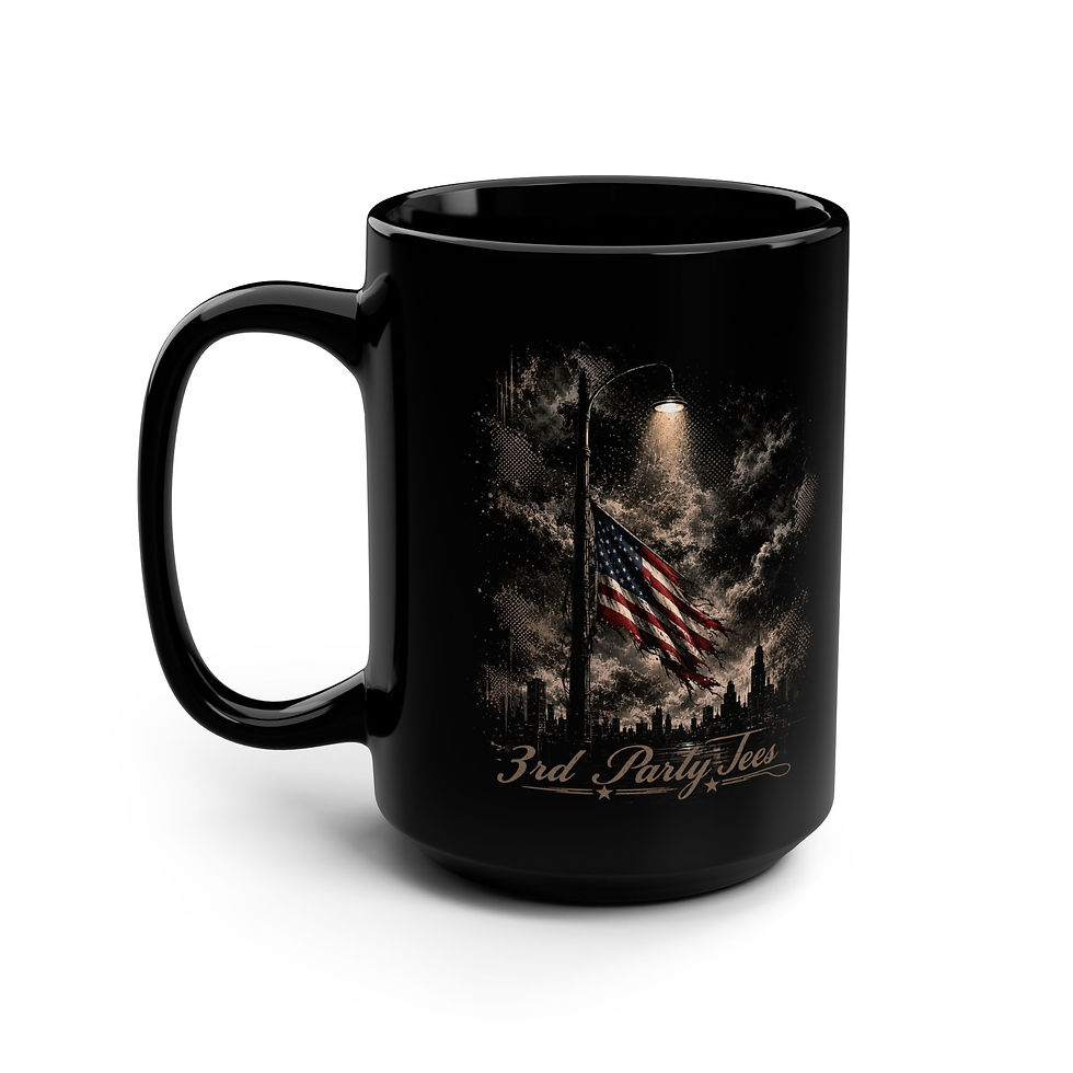 Thumbnail: 15oz Black Mug — Patriotic Night Sky Flag Design (3rd Party, Vintage Americana)