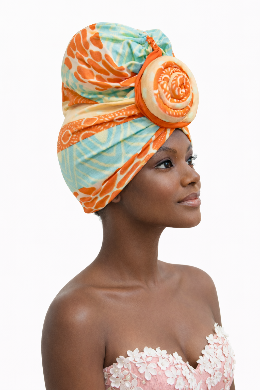 Turbante mesclado laranja e azul