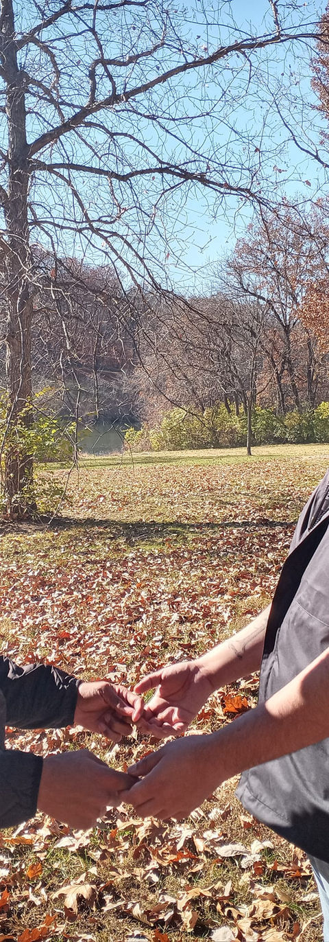 a couple holds hands outside in nature