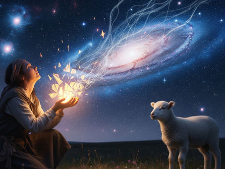 Person kneeling, cupping glowing shards under a galaxy-filled night sky. A lamb stands nearby. Magical, serene atmosphere.