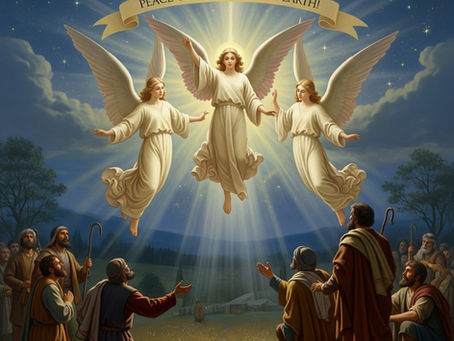 Angels in white robes glow above shepherds in a field. Banner reads "PEACE TO HIS PEOPLE ON EARTH!" Night sky with stars and trees in background.