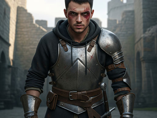 A man in medieval armor stands in a stone courtyard. His face shows determination with cuts and bruises. Armor is scratched and weathered.