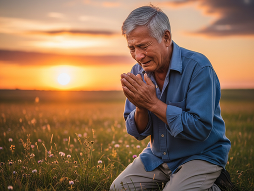 Elderly man kneeling in a field at sunset, hands clasped in prayer, wearing a blue shirt. Sky is orange and purple, conveying serenity.