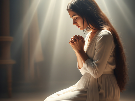 Woman in white dress kneels in prayer, hands clasped, under soft rays of light in a serene room. Reflective and peaceful mood.