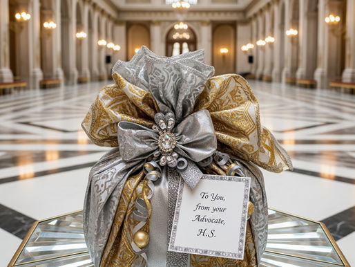 Ornate gift with silver and gold fabric, sparkling brooch, and note reading "To You, from your Advocate, H.S." in a grand hall with arches.