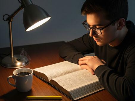Young man reading a book under a lamp on a wooden table. A steaming cup and yellow pen are nearby, setting a focused, studious mood.