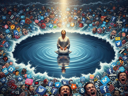 A person in white meditates on a calm water pool as a beam of light shines down. Surrounded by chaotic social media icons and faces.