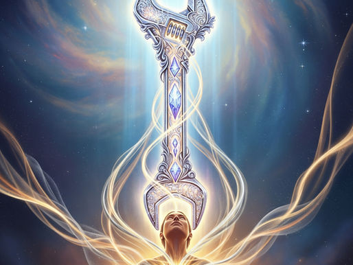 A person gazes upward at an ornate, glowing wrench in a cosmic background. Light swirls around, creating a mystical and awe-inspiring scene.