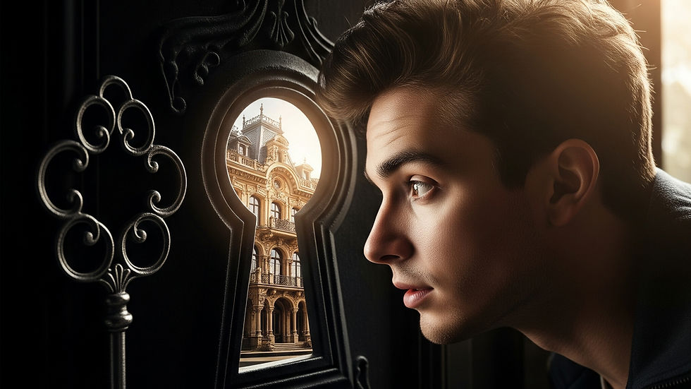 A man peers through an ornate keyhole, revealing a view of a grand building. Warm lighting and intricate patterns create a curious mood.