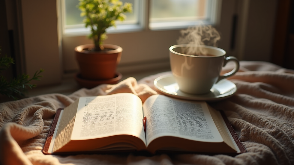Eye-level view of a cozy reading nook with an open Bible and a steaming cup of coffee