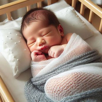 A newborn baby sleeps innocently in a crib.