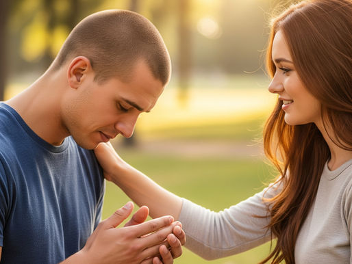 A woman smiles softly at a man who appears contemplative, holding his hands. They are outdoors with sunlit trees in the background.